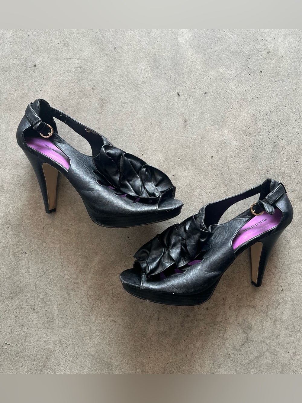 Madden Girl Black Ruffle Peep-Toe Slingback Heels